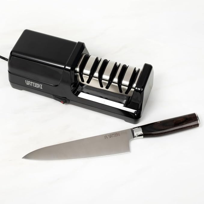 Yatoshi Electric Sharpener, 50-Watt, Diamond Abrasives and Precision Angle Guides, 20-Degree Straight-Edge and Serrated Knives, 3 Stage