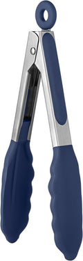 600ºF Heat Proof Kitchen Tong: U-Taste 7" Silicone Cooking Tong with Firm Sealed Non Stick Rubber Tips & Silicon Coated 18/8 Stainless Steel Handle & Smooth Locking for Serving Salad (Midnight Blue)