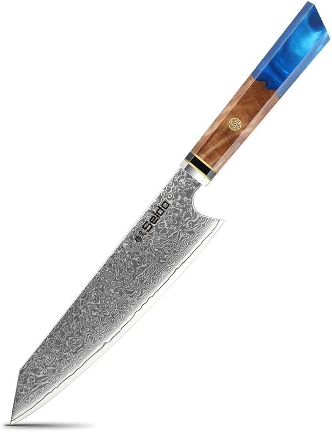Seido Knives Kiritsuke Damascus Steel Chef Knife Epoxy Resin Stabilized Wood Handle Professional Kitchen Knife VG10 High Carbon Stainless Steel, Sapphire Blue