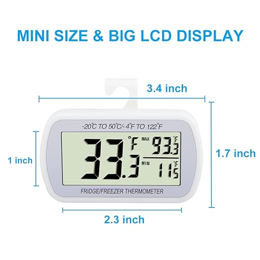 Waterproof Refrigerator Fridge Thermometer, Digital Freezer Room Thermometer, Max/Min Record Function Large LCD Screen and Magnetic Back for Kitchen, Home, Restaurants (2 Pack)