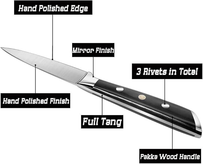 Paring Knife 3.5 inch Small Kitchen Knife Manual Sharpened 5Cr15Mov Stainless Steel Fruit Knife Full Tang with 3 Rivets in Ergonomic Pakkawood Handle