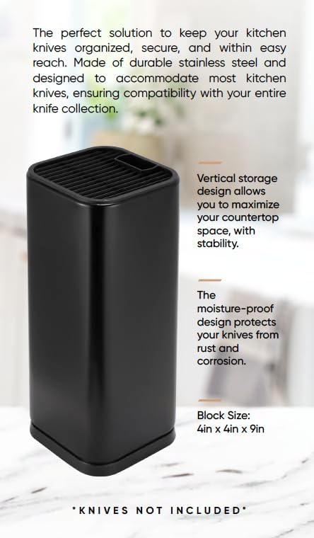 Dura Living Universal Knife Block Holder, Stainless Steel Knife Stand Without Knives, Safe Space Saver Stable Knife Storage with Scissors Slot, Detachable for Easy Cleaning, Kitchen Organizer, Black