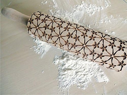 Rolling pin FLORAL NET. Wooden embossing rolling pin with Oriental flowers. Embossed cookies. Pottery. Birthday gift. Gift for mother