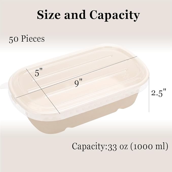 Aksipo 50 Pack 33 Oz Disposable Meal Prep Containers with Lids, Rectangle Paper Bowls with Lids for Salad,Leftovers, Leak-proof To Go Food Box Cardboard Lunch Box Compostable Take Out Food Containers