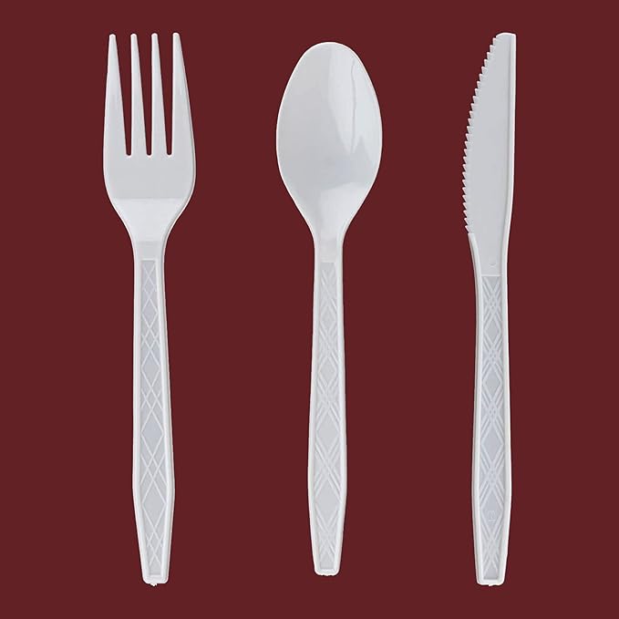 Party Bargains White Plastic Cutlery 720 pcs: 360 Forks, 240 Spoons, 120 Knives. Argyle Design, Heavy Duty & Solid Disposable Silverware Utensils Combo Pack Set for Weddings, Buffets, Luncheons