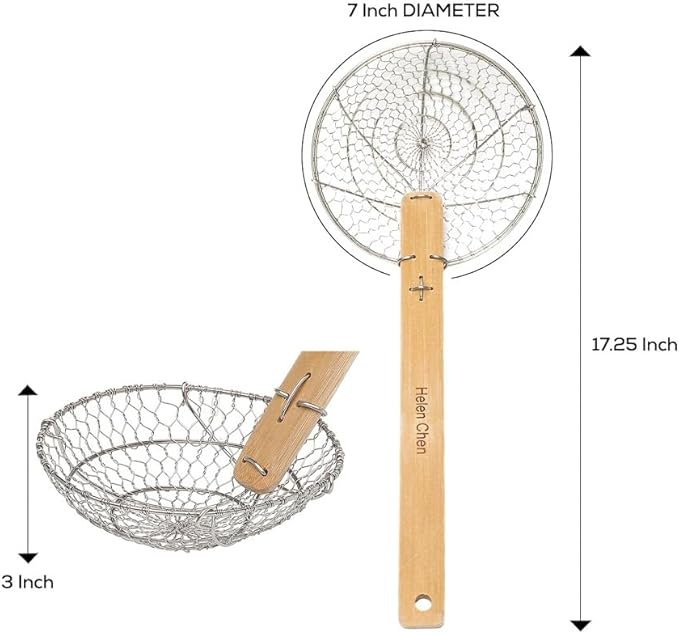 Helen’s Asian Kitchen Spider Strainer | 7-Inch Stainless Steel Wire Mesh Ladle with Sustainable Wood Handle for Large Batch Cooking and Frying