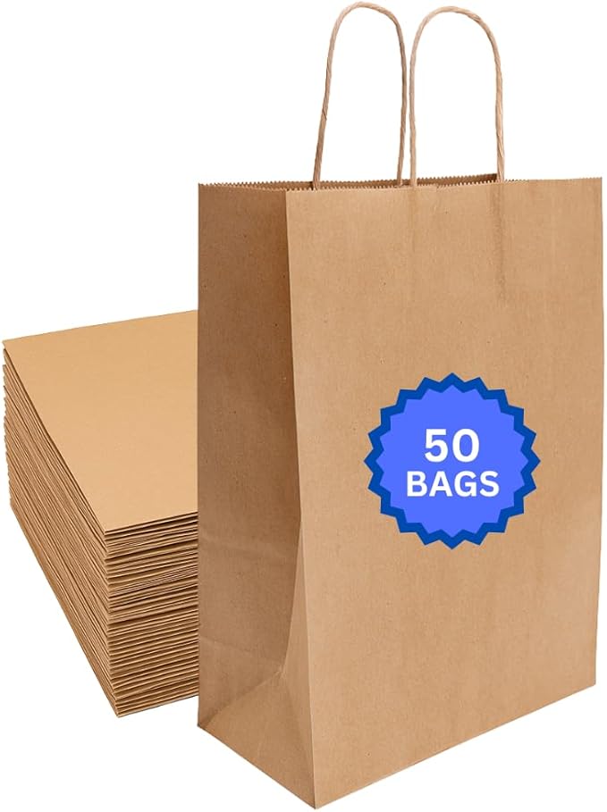ASSUREPAK DIY Earth Friendly Paper Bags - 60LB - 10"x6.75"x12" - 50 Bags - 90 GSM - Kraft/Natural - Gift Bags for Decorating & Graduation Parties