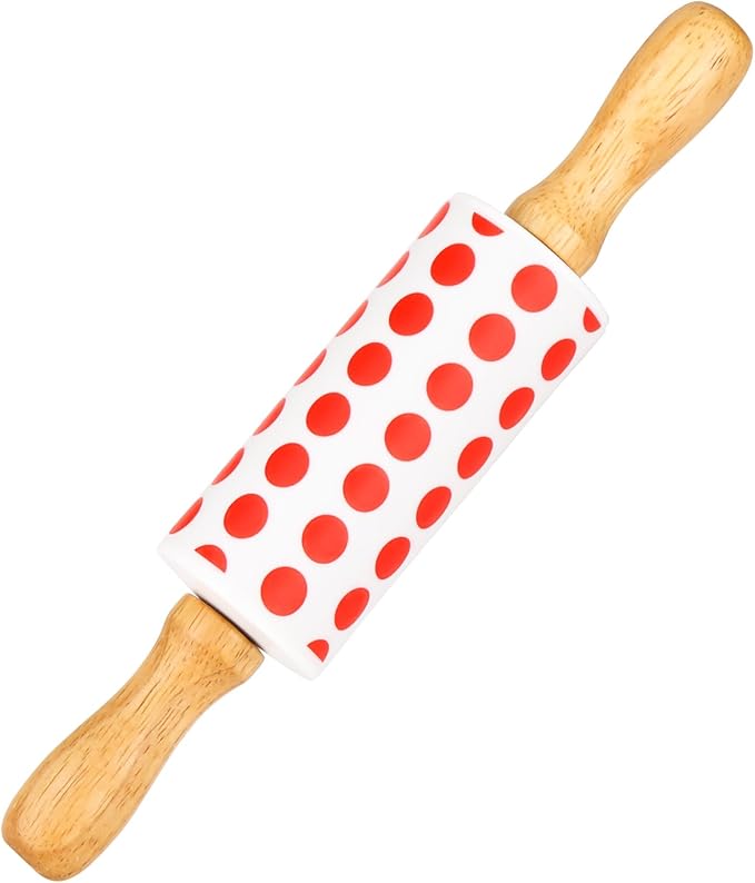Mini Silicone Rolling Pin for Kids, Non-stick Surface Wood Handle, 9 Inch 1 Pack Red Point