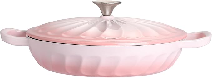 Enameled Cast Iron Braiser, 3.8 Quart Enamel Dutch Oven with Handles, Cast Iron Braiser Pan with Lid,Enameled Cookware (Pink)