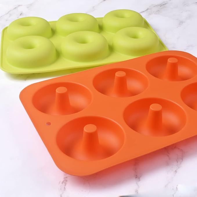 Newk Silicone Donut Pan, 6 Cavity Non-Stick Silicone Donut Mold for Donuts, Bagels - Set of 4, Blue+ Light Green+ Rose Red+ Orange