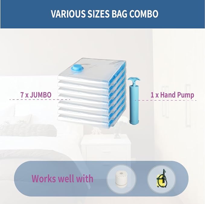 7 Pack Jumbo Space Saver Vacuum Storage Bags for Clothing Travel, Vacuum Seal Compression Bags for Clothes, Packing, Luggage, Blankets, Comforters and Pillows, Hand Pump Included