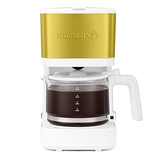 Holstein Housewares 5 Cup Coffee Maker – Compact Drip Coffee Machine with Auto Pause & Serve, Reusable Filter, Glass Carafe, Water Window & Warming Plate. White & Gold