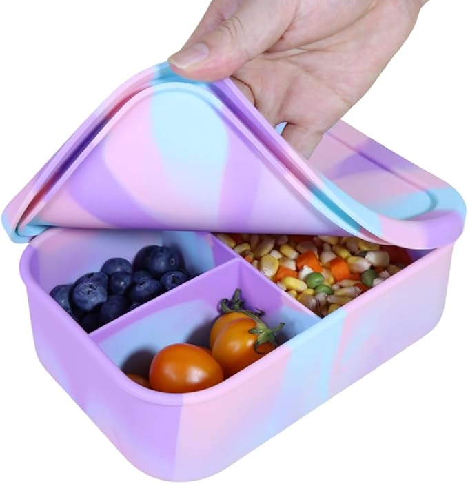 Silicone Lunch Box for Adults & Kids, 40oz Bento Box | 3 Compartments, Leak-Proof Design, 100% Food-Grade Silicone | Microwavable & Portable For All Occasions (5.7x8.5in, Purple)