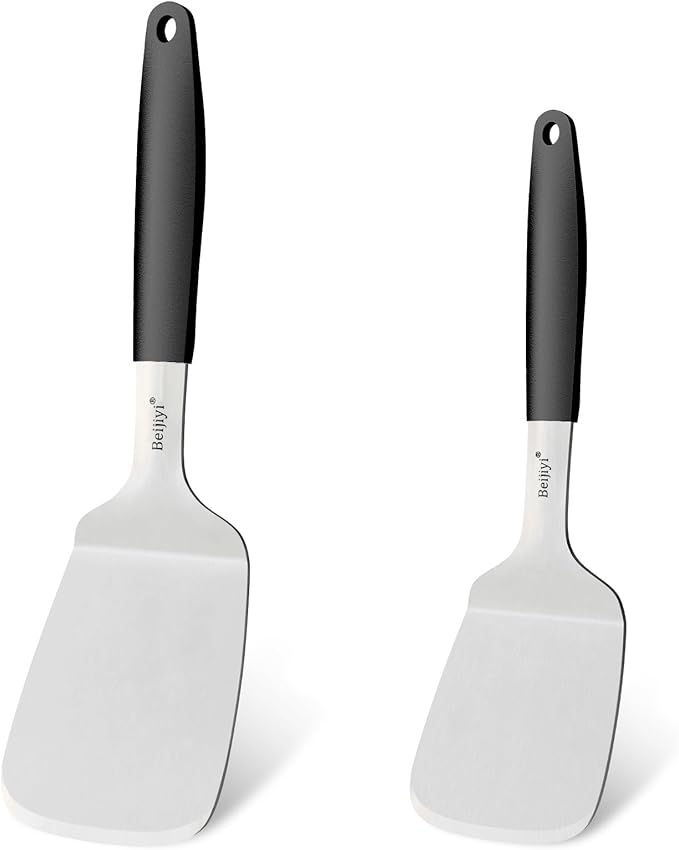Beijiyi Stainless Steel Spatulas, 2 Pcs Metal Spatula Set for Cooking with Silicone Handle, Heavy Duty Turner for Cast Iron Skillet, Flat Top Grills, Kitchen Utensils for Steak, Pancake, Smash Burger