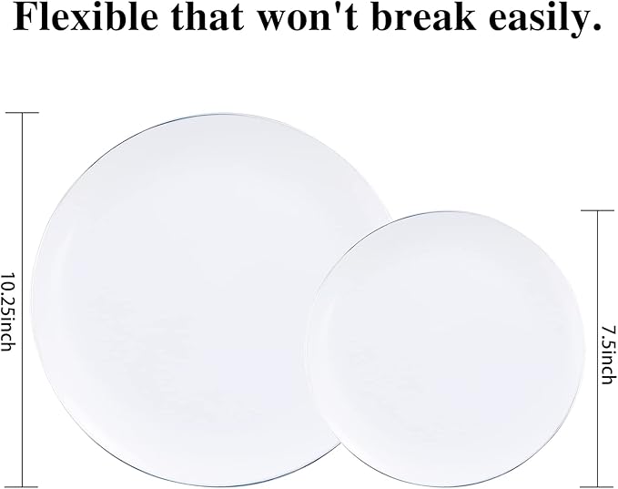 KIRE 100PCS Silver Plastic Plates - Heavy Duty White Disposable Plates with Silver Rim for Party/Wedding - Include 50Pcs 10.25inch Dinner Plates and 50Pcs 7.5inch Dessert Plates for Christmas