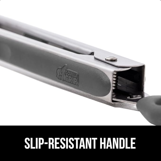 GORILLA GRIP Stainless Steel Heat Resistant Kitchen Tongs for Cooking, Set of 2 BBQ Tong, Non Scratch Silicone Tip for Pans, Strong Grip, Grab Food, Toss Salad, Air Fryer, Pull Lock, 7 + 9 Inch, Gray