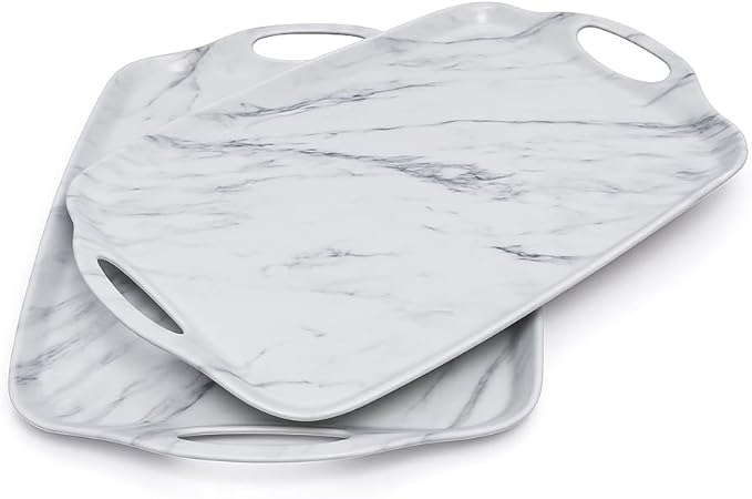 TP Serving Trays with Handles, 17 x 12 Inch Melamine Serving Platters for Food, Meat, Set of 2 Rectangular Trays for Eating, White Marble