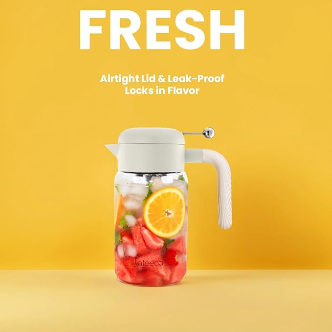 LAFEECA Iced Tea Maker and Infuser - Large Jug with Airtight Lid for Cold Brew - Stainless Dual Ultra Filter - Tritan Pitcher - 2000 ml / 68 oz - Dune