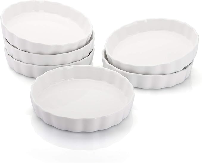 Foraineam 6 Pack 8 Ounce Porcelain Creme Brulee Ramekins Mini Fluted Quiche Dishes, 6 Inch Tart Pan Round Pie Plates for Baking, Dishwasher and Oven Safe