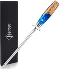 SENKEN Professional Sharpening Steel for Damascus Knives - Tsunami Collection - Incredibly Strong Emery Rod for Sharpening & Honing Knives Up to 63 HRC - Beautiful Blue Resin & Natural Wood Handle