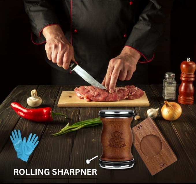 Rolling Knife Sharpener- Diamond Knife Sharpening Kit- Professional Magnetic Sharpening System- Circular Knife Sharpener Roller with Fixed Angle Support 12° 15° 2° 25°