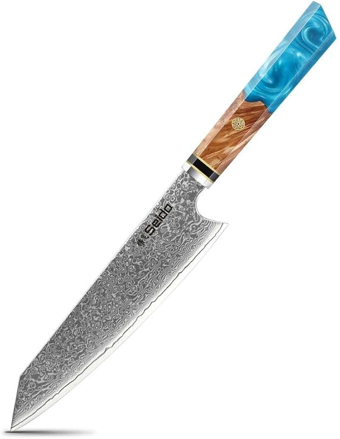 Seido Knives Kiritsuke Damascus Steel Chef Knife Epoxy Resin Stabilized Wood Handle Professional Kitchen Knife VG10 High Carbon Stainless Steel, Sky Blue