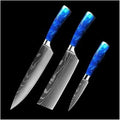 3-Piece Premium Japanese Kitchen Knife Set - Imperial Collection, Laser Damascus Pattern, 440A Stainless Steel Ultra Sharp for Fast Cutting (Blue 3J)
