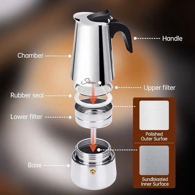 Coffee Maker 6 Cup Moka Pot Stainless Steel Percolator coffee pot Espresso Maker, Compatible with Gas, Electric, Ceramic, and Induction stovetops(10 fl oz/300 ml)