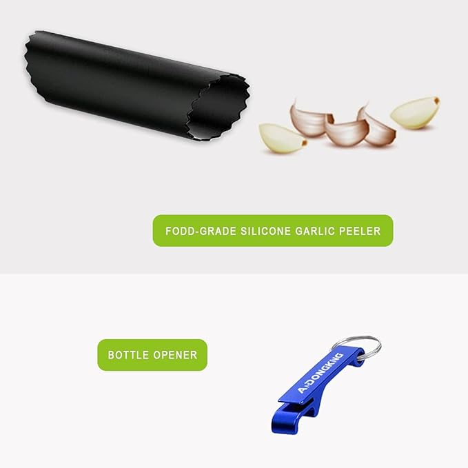 Garlic Press Rocker & Leaf Herb Stripper, Silicone Roller Peeler, Bottle Opener, Stainless Steel Garlic Crusher Chopper Squeezer Slicer Mincer