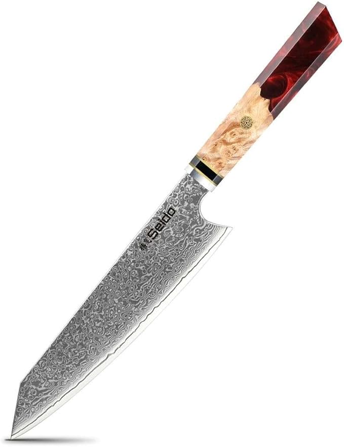 Seido Knives Kiritsuke Damascus Steel Chef Knife Epoxy Resin Stabilized Wood Handle Professional Kitchen Knife VG10 High Carbon Stainless Steel, Ruby Red
