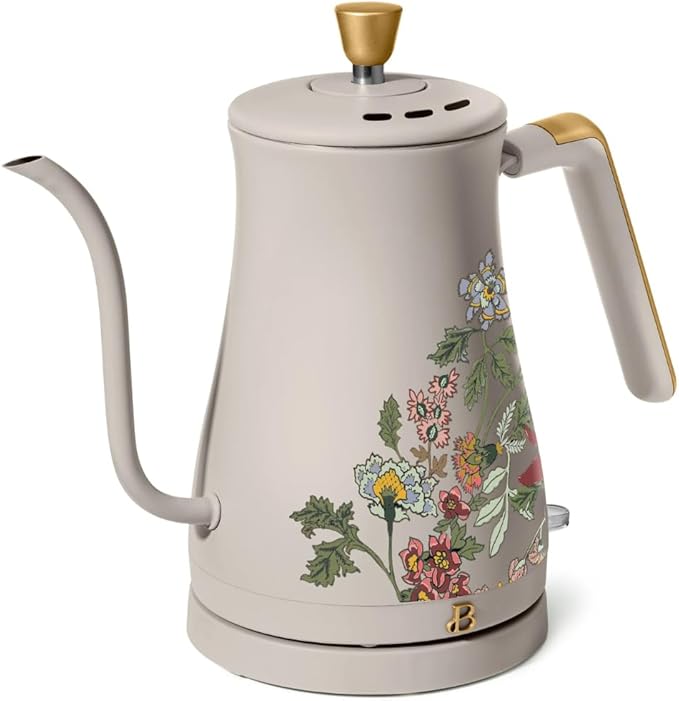 Beautiful 1L Electric Gooseneck Kettle, Precision Pour Spout, 1200W Fast Boil, Auto Shut-Off, Cordless, Stainless Steel, Tea & Coffee Maker with Ergonomic Handle, Wildflower Porcini Taupe