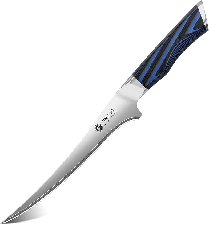 FINTISO 7 Inch Fillet Knife, Professional Meat Boning Knives for in 5-Layer 10Cr15CoMoV Japanese Stainless Steel, Ultra Sharp Fish Knife with Ergonomic G10 Handle for Slicing and Skinning