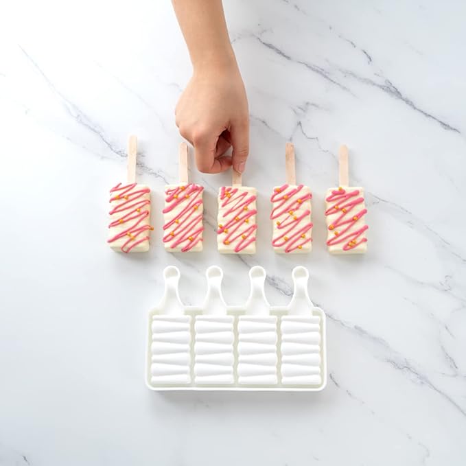 Pastry Tek 4 Cavities Popsicle Mold, 1 Rectangle Cakesicle Mold - Flexible, Freezable, White Silicone Cake Popsicle Mold, Easy Release, For Baking - Restaurantware
