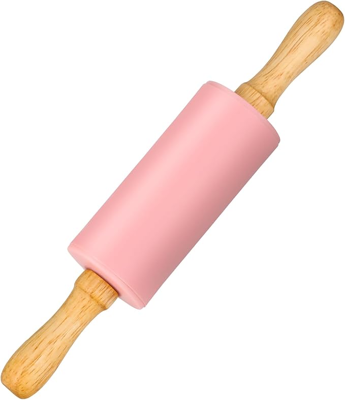 Mini Silicone Rolling Pin for Kids, Non-stick Surface Wood Handle, 9 Inch 1 Pack Pink
