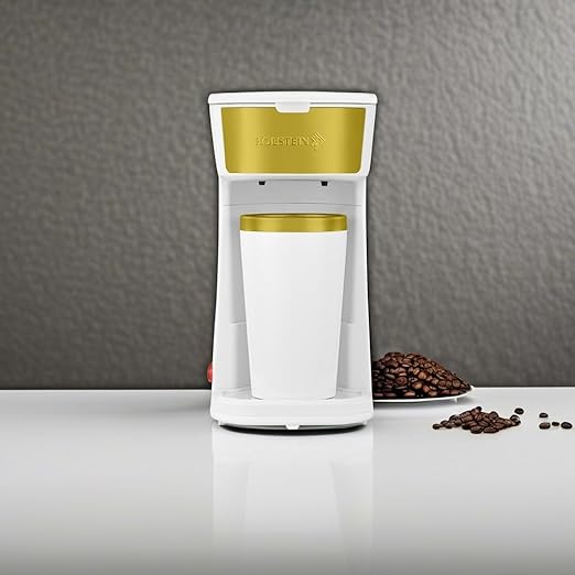 Holstein Housewares Personal Coffee Maker with 14oz Travel Mug – Compact One-Touch Brew Machine with Reusable Filter, Auto Shut-Off, Non-Stick Plate, Ideal for Home, Office, or Dorm. White & Gold