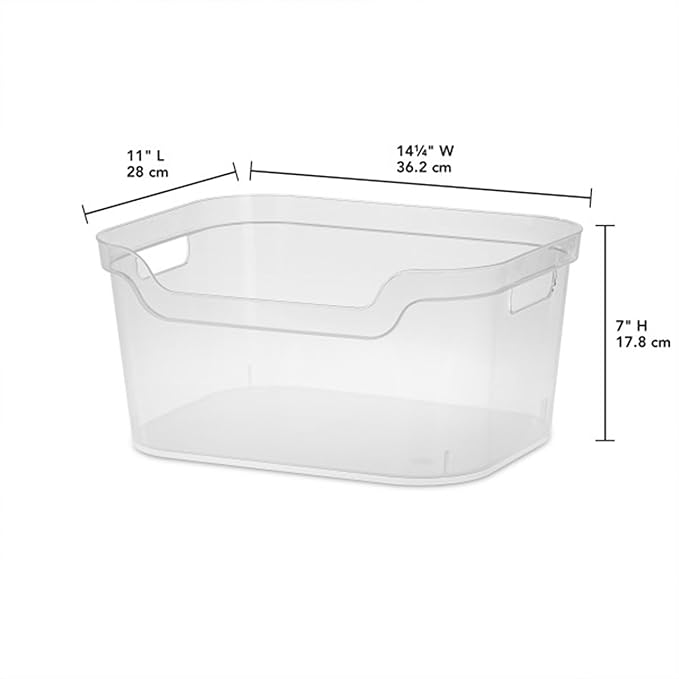 Sterilite 7 x 11 x 14.25 Inch Polished Open Scoop Front Storage Bin with Comfortable Carry Through Handles for Household Organization, Clear (6 Pack)