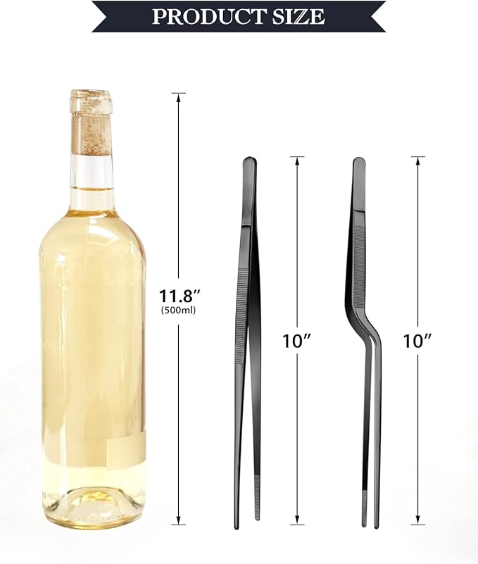10-inch Cooking Tweezer and Offset Tweezer Set, Tongs Precision Serrated Tips, Stainless Steel Professional Chef Tweezer Kitchen Tools for BBQ, Plating and Serving