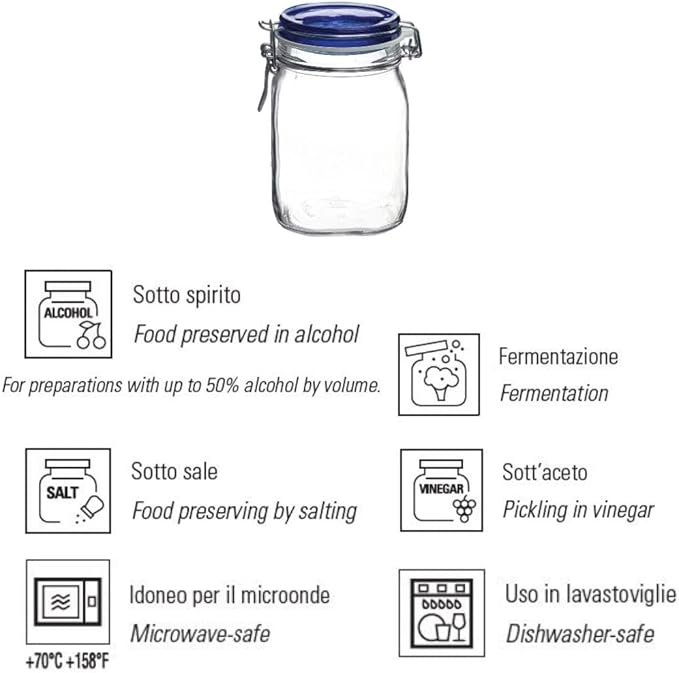 Bormioli Rocco Fido Square Jaw with Blue Lid, 33-3/4-Ounce, 33.75 Ounce, Clear