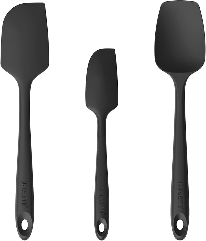 U-Taste Silicone Baking Spatula Set: 480ºF High Heat Resistant, Food Grade Flexible Rubber Kitchen Cooking Mixing Scraper, Food Grade Seamless Utensil for Nonstick Cookware Set of 3 (Black)