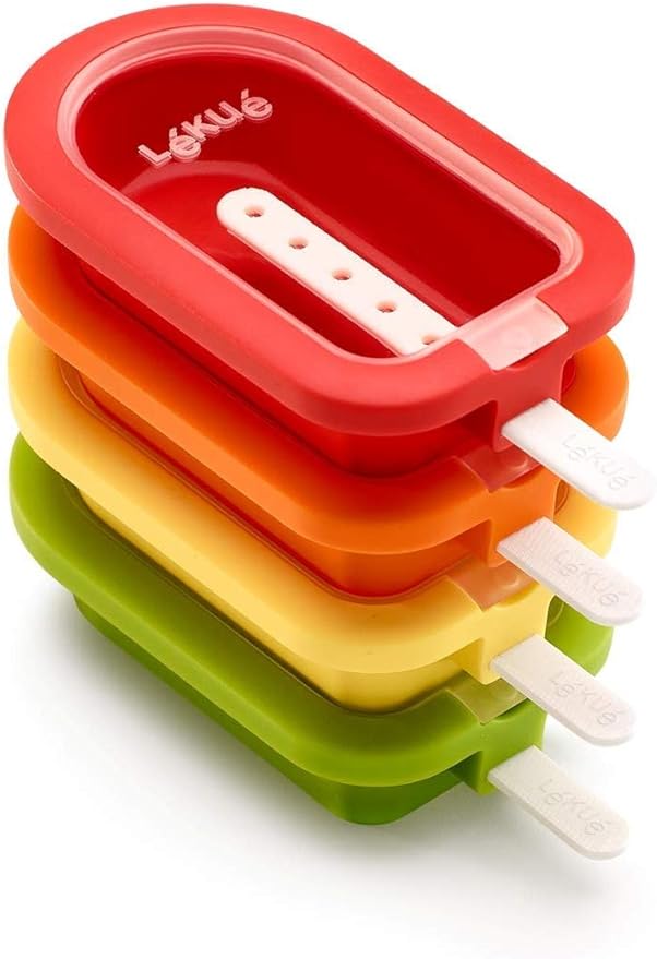 Lékué Set of 4 Large Stackable Popsicle Molds + Sticks & Lids | Homemade Freezer Ice Pops & Frozen Snacks | Flexible Platinum Silicone for Easy Fill & Unmold | Reusable & Dishwasher Safe| Multicolor
