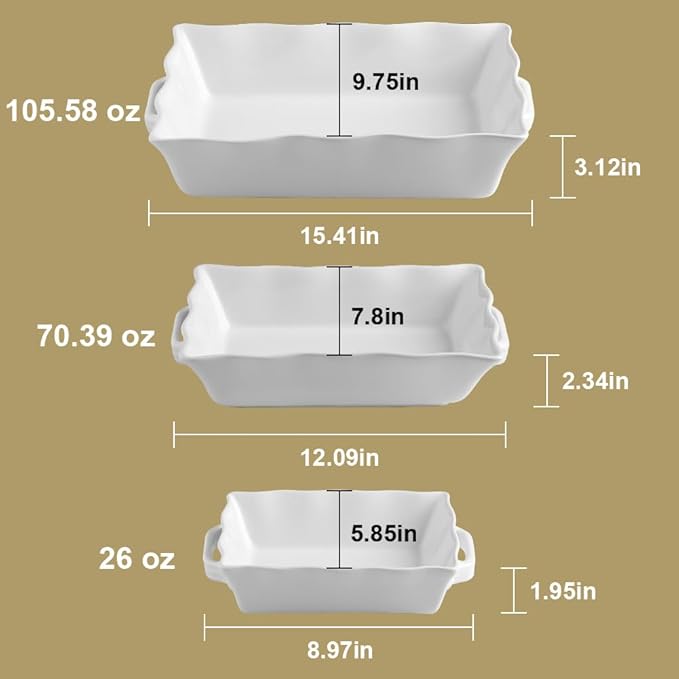 Sweejar Casserole Dishes for Oven, Ceramic Bakeware Set of 3, Rectangular Baking dish with Handles, Wave Edge Lasagna Pan Deep for Cooking, Cake, Dinner, Banquet and Daily Use (Red)