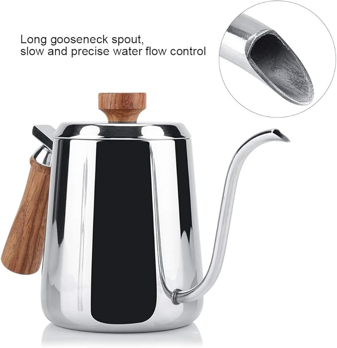 Joyzan Gooseneck Kettle, Stovetop Tea Maker Wood Anti Hot Handle Pour Over Stainless Steel Water Pot Coffee Teapot Drip Long Spout Home Kitchen Gas Stove Tops French Press Brewing Camping 350ml