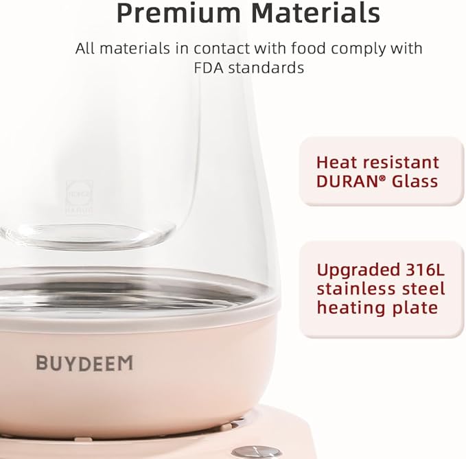 BUYDEEM Health Pot K2763-BA-PK Lite, Glass Electric Kettle for Tea & Coffee, Hot Water Boiler and Wamer with Stew Pot, Temperature Control, Pink, 1.5L