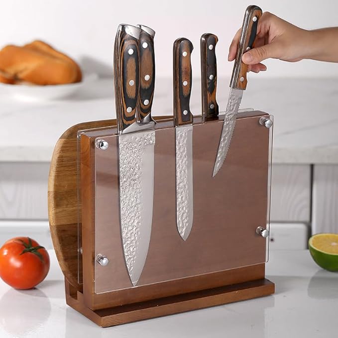 Magnetic Knife Block with Acrylic Shield, Double-Sided Kitchen Knife Holder, Acacia Wood, Universal Storage Organizer