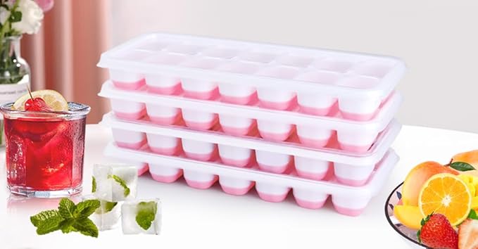 Silicone Ice Cube Tray, 4 Pack Easy-Release & Flexible 14-Ice Cube Trays with Spill-Resistant Removable Lid, Stackable Ice Trays with Covers for Freezer, Cocktail (Pink)