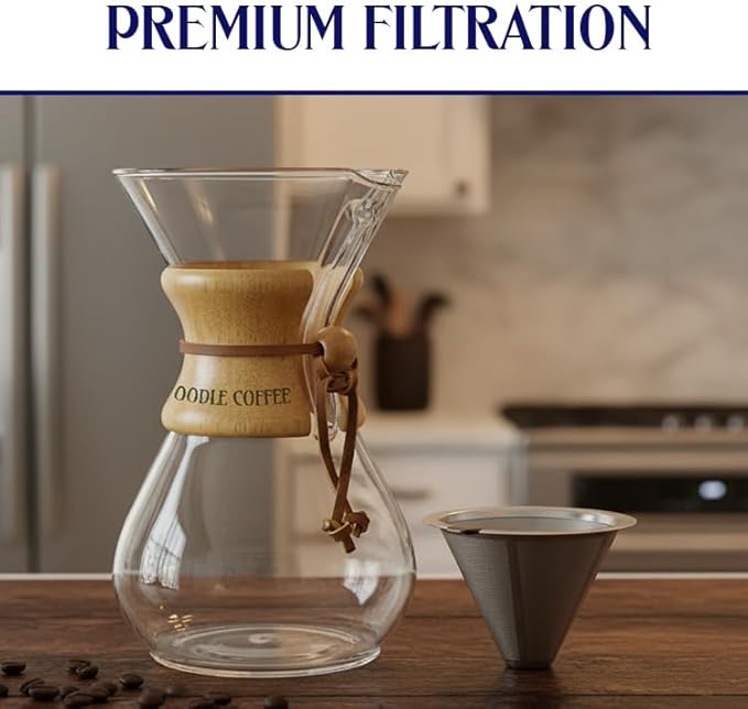Pour Over Coffee Maker, Wood and Glass, 600ml with Stainless Steel Filter, 5 x 9 inches
