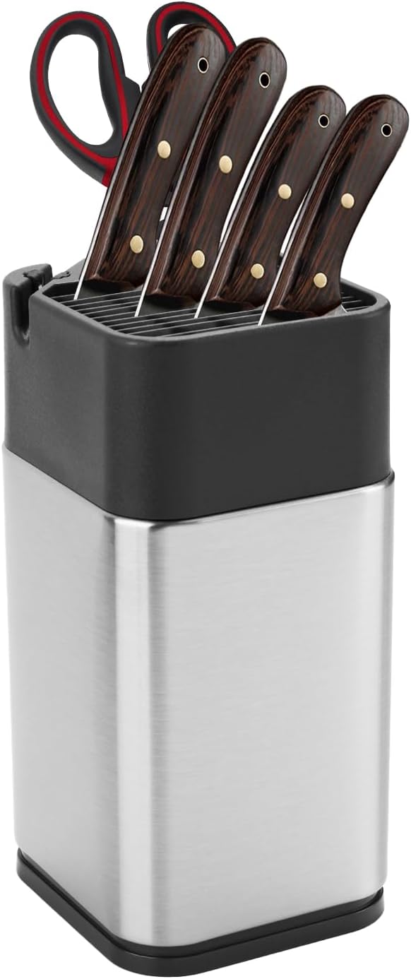 Universal Knife Block, Stainless Steel Knife Holder without Knife Including Sharpening Edges and Scissor Sockets Multifunctional Knife Holder Knife Block Holder