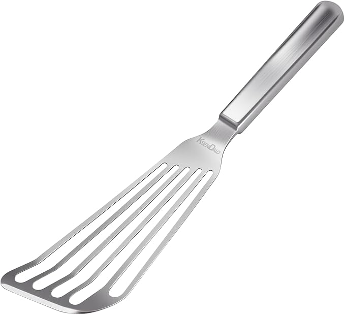 KSENDALO One-piece Fish Spatula Stainless Steel SUS304 - Thick Spatula with Flexible Thin Angled Blade Slotted Egg Flipper, Hollow Grip Metal Turner for Fish/Eggs/Omelettes, Dishwasher Safe
