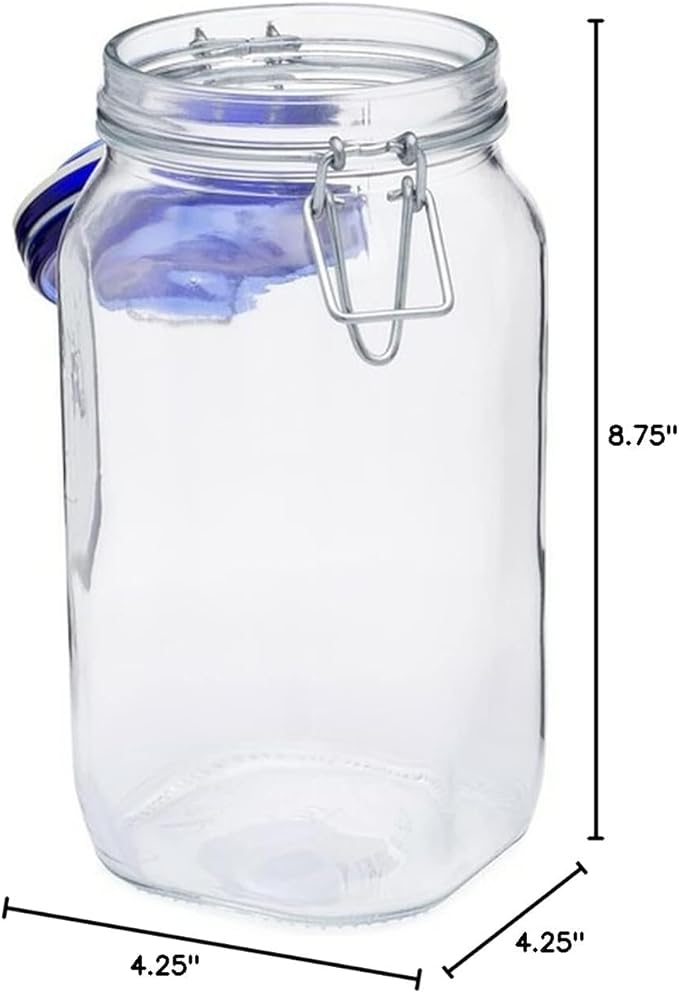 Bormioli Rocco Fido Glass Storage Jar, Blue Lid Airtight Pantry Canister - 50.75 oz Clamp Lock Container for Pasta, Rice, Coffee & Dry Goods - Italian Glass, Dishwasher & Microwave Safe