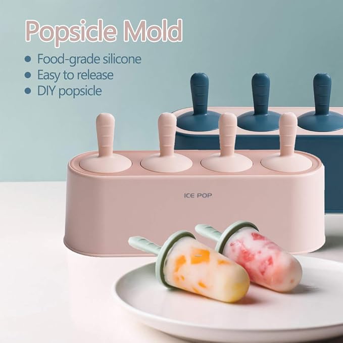 Popsicle Mold Set 4 Pieces Homemade Silicone Popsicle Maker Easy Release Ice Cream Molds Reusable DIY Pop Molds (Blue, IcyClassic Pops)
